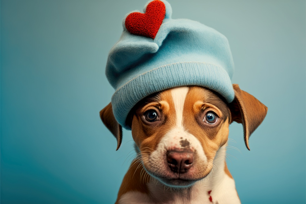Lovable, pretty puppy, with heart shaped funny hat to use as Valentine card. Close-up, indoors. Color background. Concept of love and terness. Generative AI