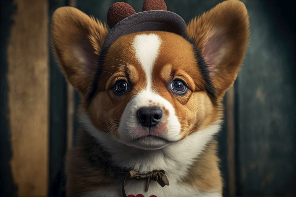 Lovable, pretty puppy, with heart shaped funny hat . Close-up, indoors. Color background. Concept of love and terness. Generative AI