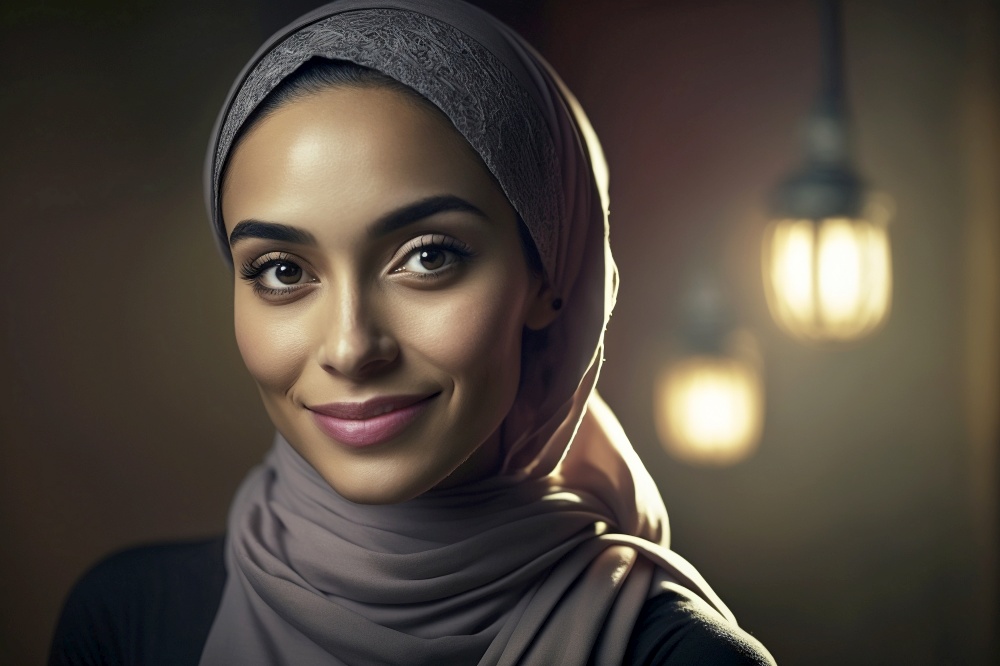 Portrait of beautiful Arab woman smiling looking at the camera indoors . IA Generative image