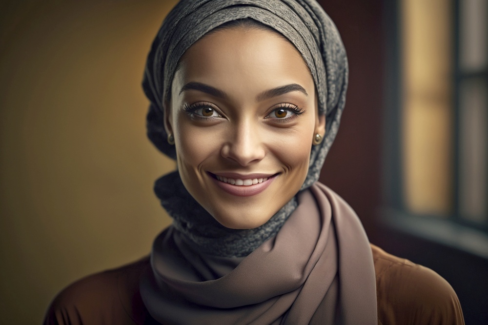 Portrait of beautiful Arab woman smiling looking at the camera indoors . IA Generative image
