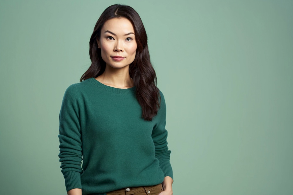 Studio shot of beautiful Asian woman keeps both hands in pockets on trousers, wears green sweater poses over green background wall blank space for your advertising content. Created by AI generative.
