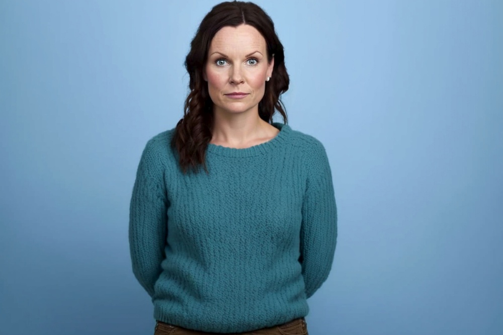 Studio shot of beautiful european woman wears green sweater poses over blue background wall blank space for your advertising content. AI generative.