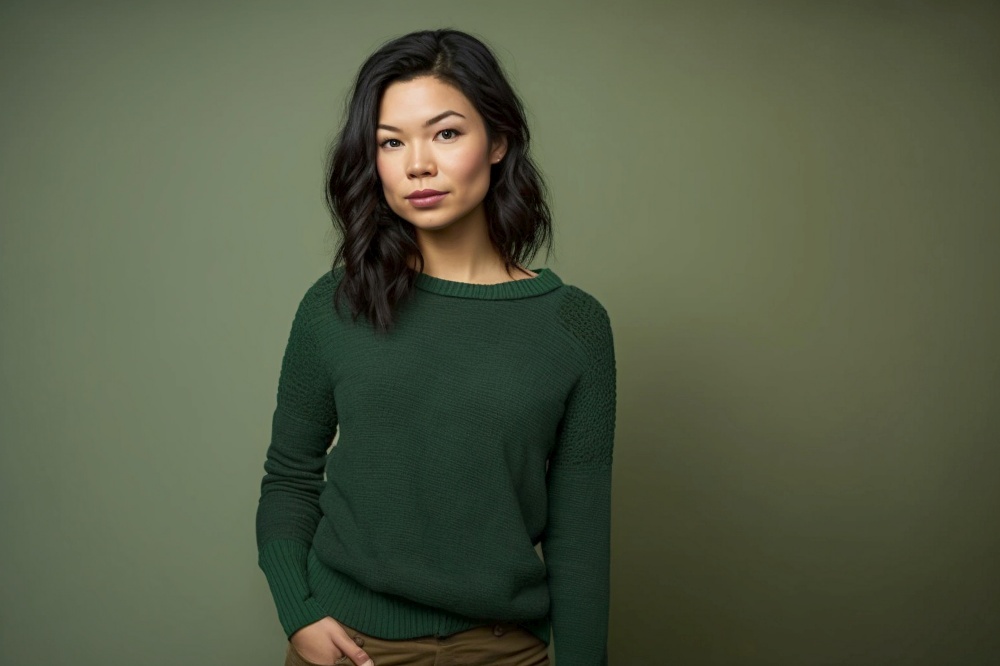 Studio shot of beautiful Asian woman keeps both hands in pockets on trousers, wears green sweater poses over green background wall blank space for your advertising content. Created by AI generative.