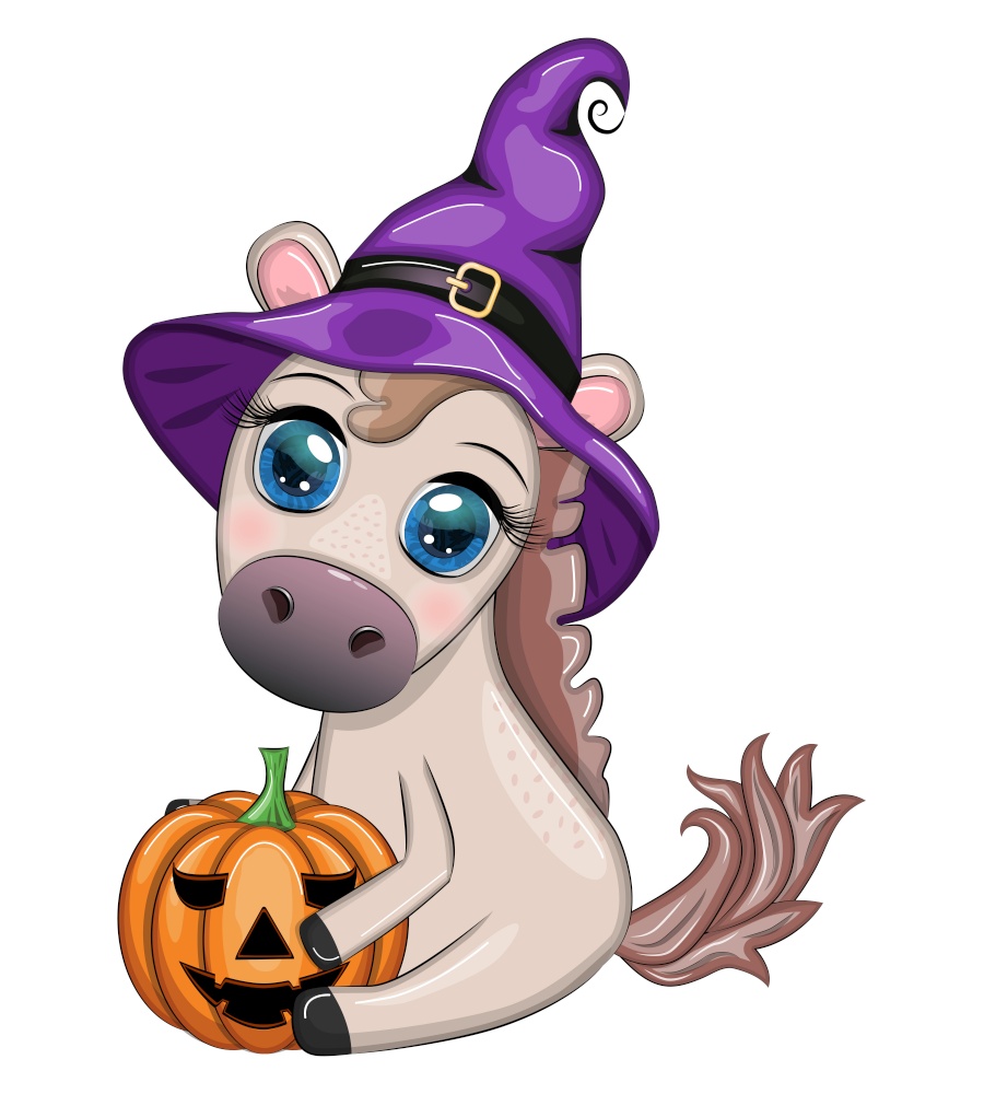 Cute horse, pony in a purple witch hat, with a broom, pumpkin, potion. Halloween card for the holiday.. Cute horse, pony in a purple witch hat, with a broom, pumpkin, potion. Halloween card for the holiday