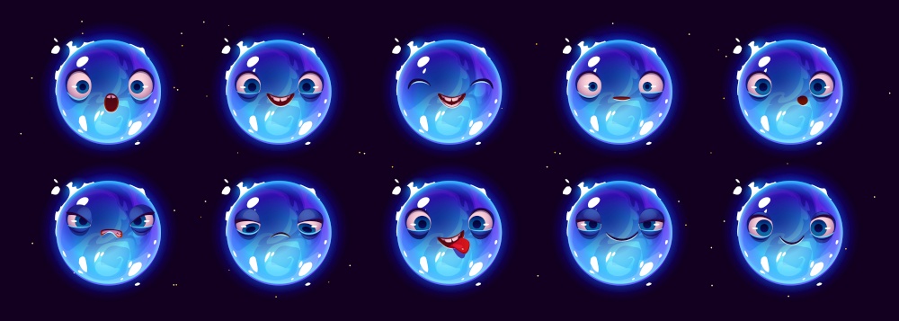Blue supergiant star character with different facial expressions. Icons with emotions of funny alien planet in outer space. Water drop character isolated on black background, vector cartoon set. Blue supergiant star character with emotions