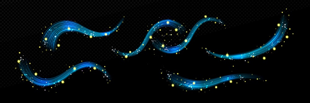 Blue wind air flow magic light wave vector effect. 3d breeze trail with yellow star spark stream isolated curve. Abstract graphic frosty shine wizard glitter dust powder with fragrance swoosh line.. Blue wind air flow magic light wave vector effect.