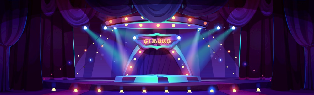 Cartoon night circus ring stage inside vector background. Dark theater amusement show scene backdrop illustration with spotlight and garland near platform. Evening festival podium for magician event.. Cartoon night circus ring stage inside background