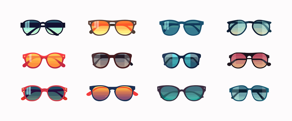 Set of sunglasses, flat cartoon isolated on white background. Vector illustration