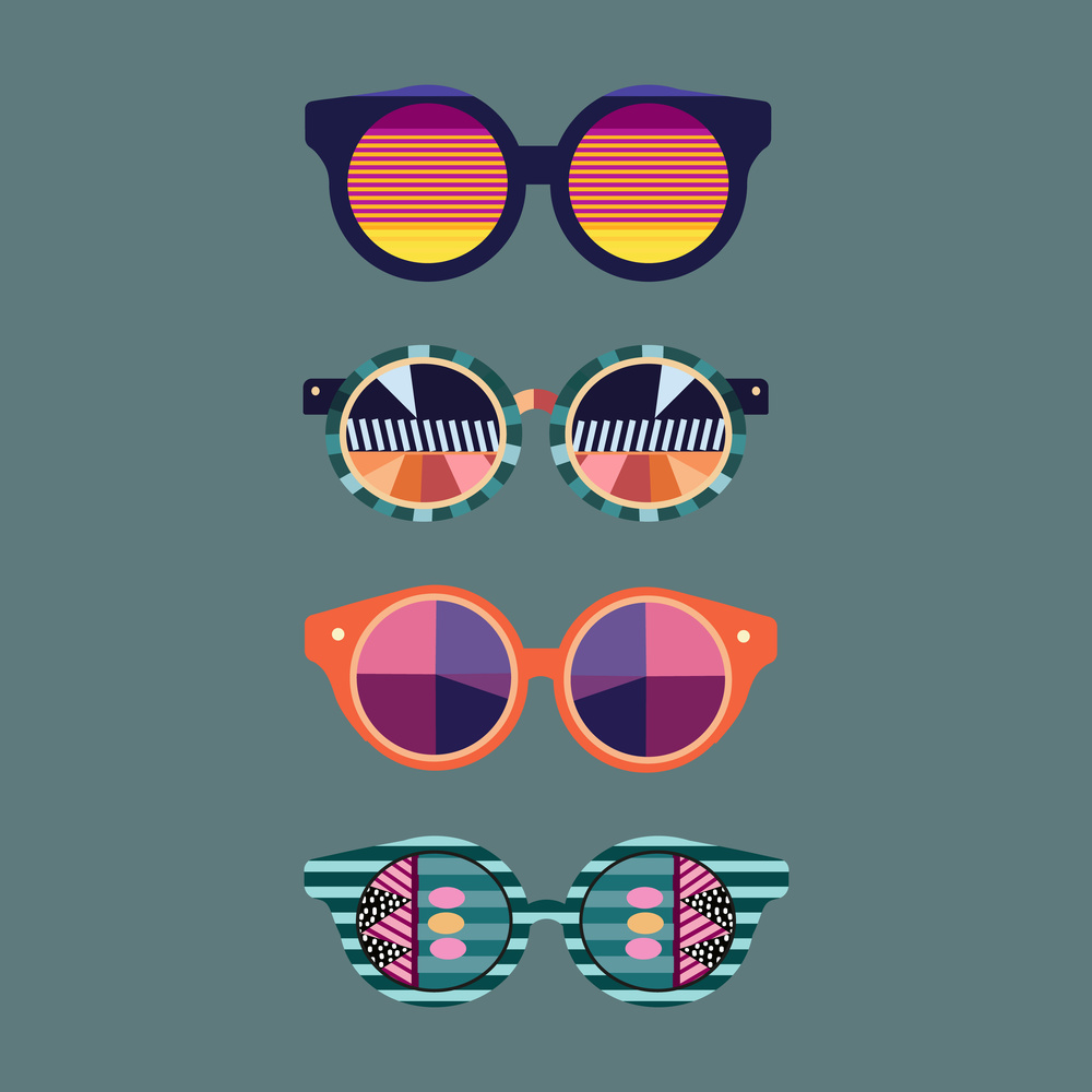 Set of geometric abstract sunglasses.70s retro hippie style.Vibes funky eyeglasses with deco elements.Vintage nostalgia psychedelic elements.