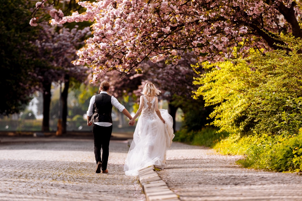 Beautiful, cheerful and lively newlyweds, groom and bride are hugging near the blooming pink cherry blossom. Wedding portrait of a close-up of a smiling bearded groom and a cute bride. Beautiful, cheerful and lively newlyweds, groom and bride are hugging near the blooming pink cherry blossom. Wedding portrait of a close-up of a smiling bearded groom and a cute bride.