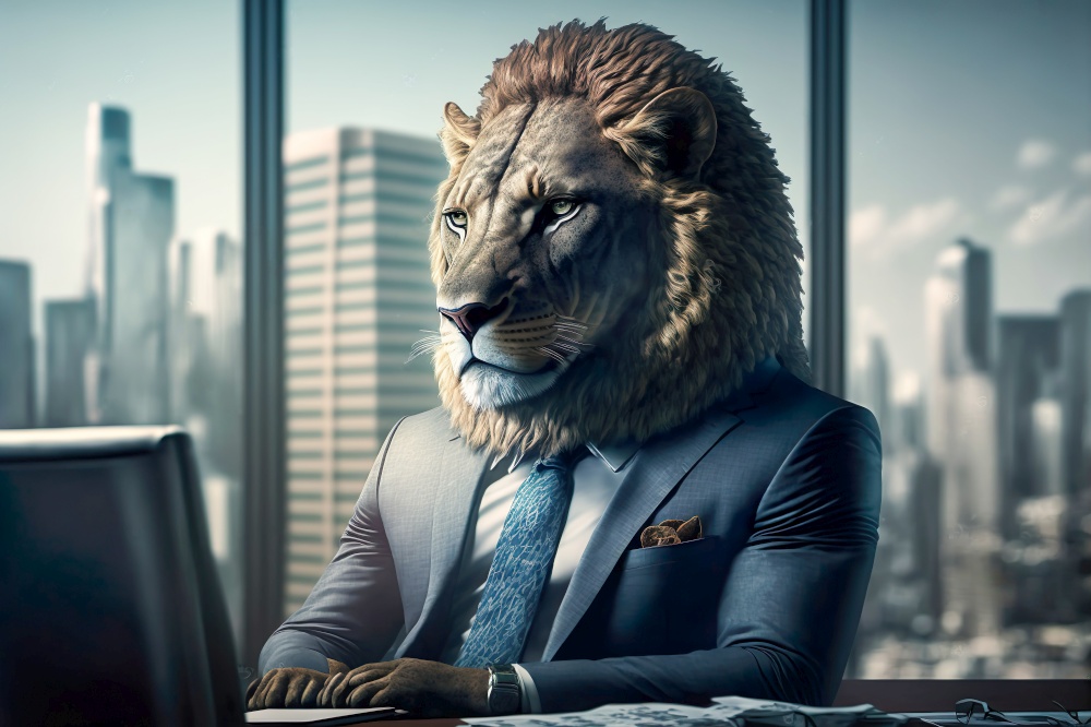 Lion wearing suit in office , Businessman lion sitting at office , Generative Ai