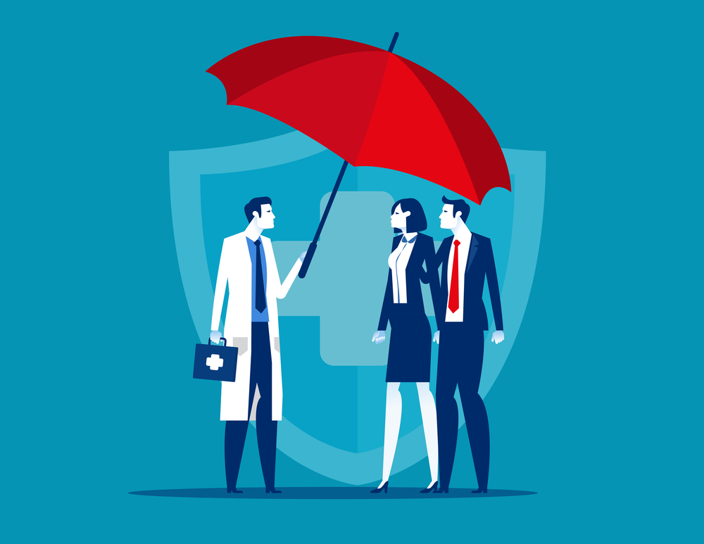 Doctor holding umbrella over family to protect from accident. Health Care Concept