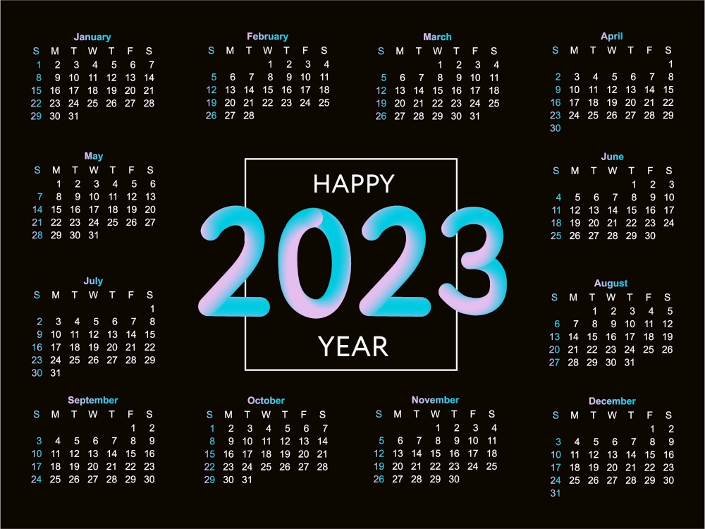 2023 Calendar year vector illustration. The week starts on Sunday. Annual calendar 2023 template. Calendar design in black and white colors, Sunday in red colors.. 2023 Calendar year vector illustration. The week starts on Sunday. Christmas snowflakes calendar 2023 template. Calendar design Sunday in red colors. Vector