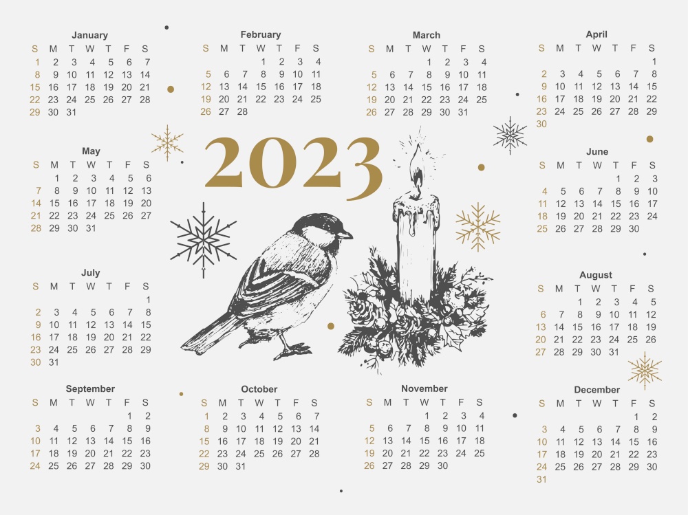 2023 Calendar year vector illustration. The week starts on Sunday. Annual calendar 2023 template. Calendar design in black and white colors, Sunday in red colors.. 2023 Calendar New year vector illustration. The week starts on Sunday. Christmas snowflakes calendar 2023 template. Calendar design Sunday in red colors. Vector