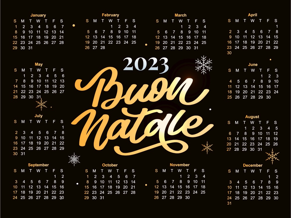 2023 Calendar year vector illustration. The week starts on Sunday. Annual calendar 2023 template. Calendar design in black and white colors, Sunday in red colors.. 2023 Calendar Buon Natale New year vector illustration. The week starts on Sunday. Christmas snowflakes calendar 2023 template. Calendar design Sunday in red colors. Vector
