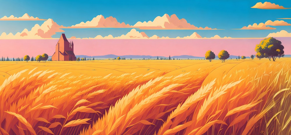 Rural landscape, a field of wheat illustration. Panoramic countryside landscape at sunny summer day. Beautiful farmland scene. AI generated illustration