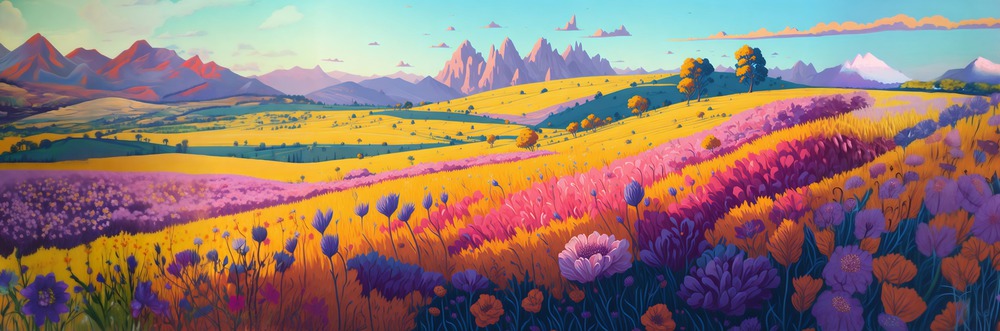 Rural landscape, a field of wildflowers. Panoramic countryside landscape at sunny summer day. Beautiful farmland scene, meadow with a carpet of flowers. AI generated illustration