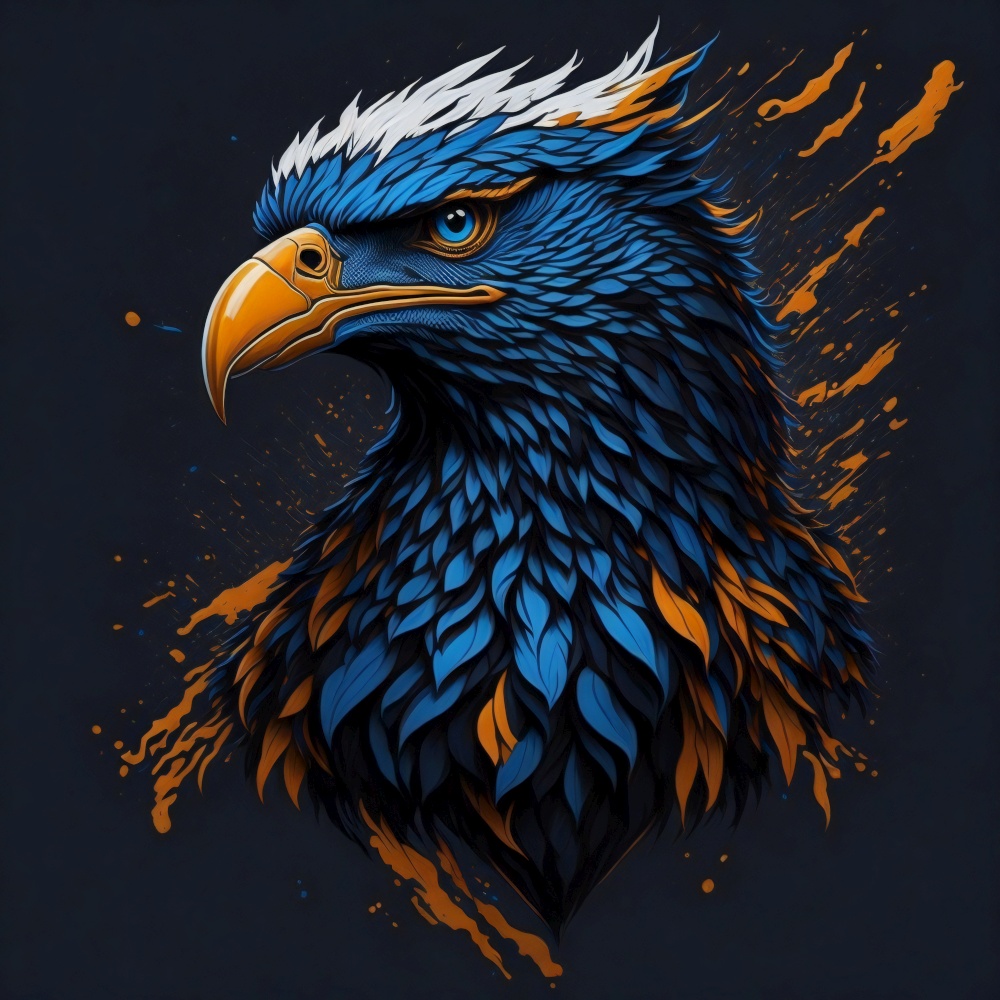 T-shirt design with eagle bird portrait. Colorful print design of eagle head in cartoon style on dark background. AI generated illustration. T-shirt design with eagle bird portrait. AI generated illustration