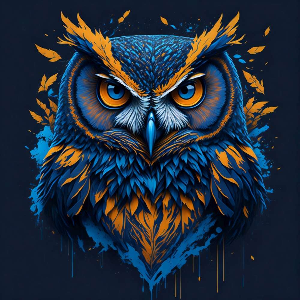 T-shirt design with realistic owl portrait. Colorful print design of owl bird head on dark background. AI generated illustration. T-shirt design with owl portrait. AI generated illustration