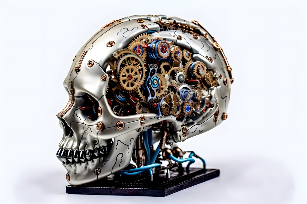 Steel skull with gears and mechanisms. Cyborg head, robotics and cybernetics, android skull. Sci-fi conceptual illustration. AI generated illustration. Steel skull with gears. AI generated illustration