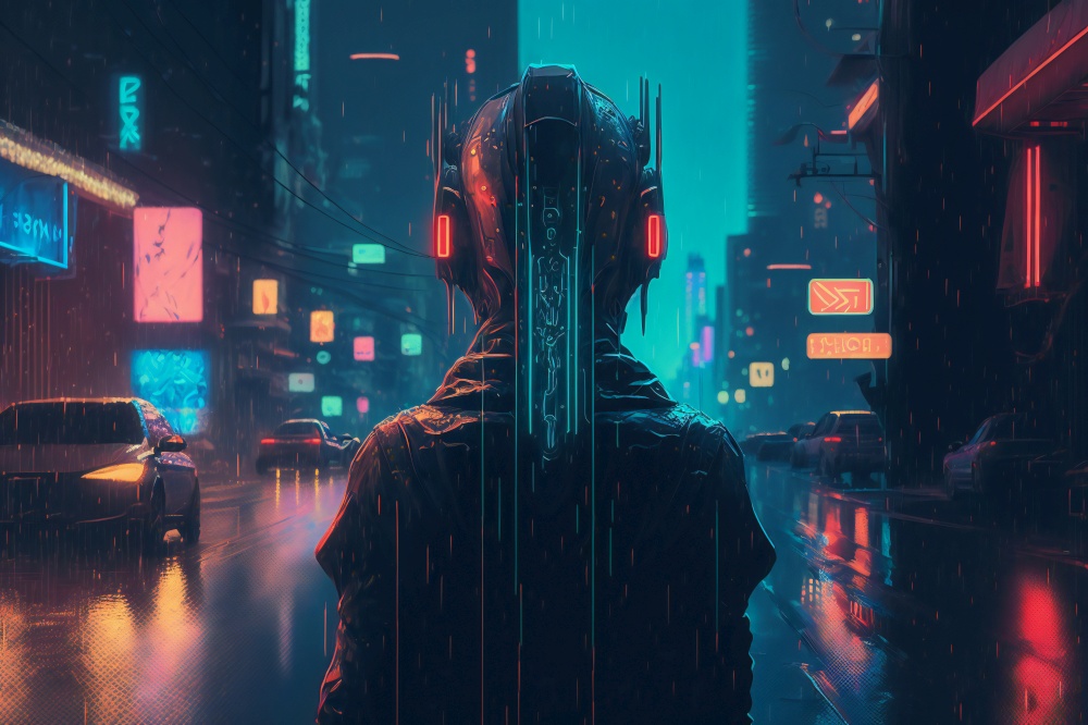 Night city alleyway cyberpunk scene with cyborg. Neon lights in the night city, a modern metropolis and humanoid robot in the future. AI generated illustration. Night city alleyway cyberpunk scene with cyborg. AI generated illustration