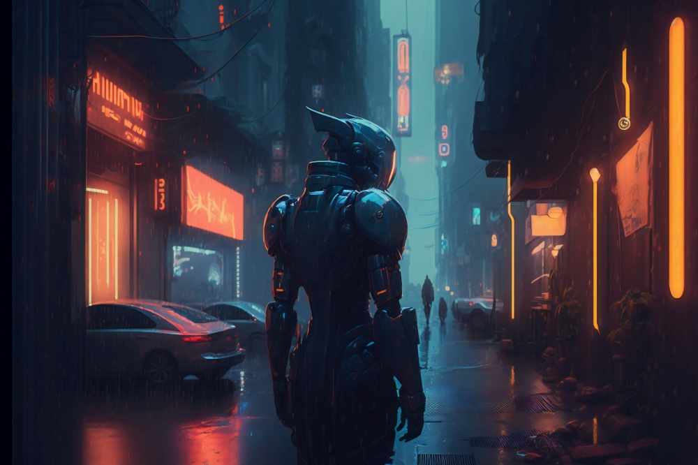 Night city alleyway cyberpunk scene with cyborg. Neon lights in the night city, a modern metropolis and humanoid robot in the future. AI generated illustration. Night city alleyway cyberpunk scene with cyborg. AI generated illustration