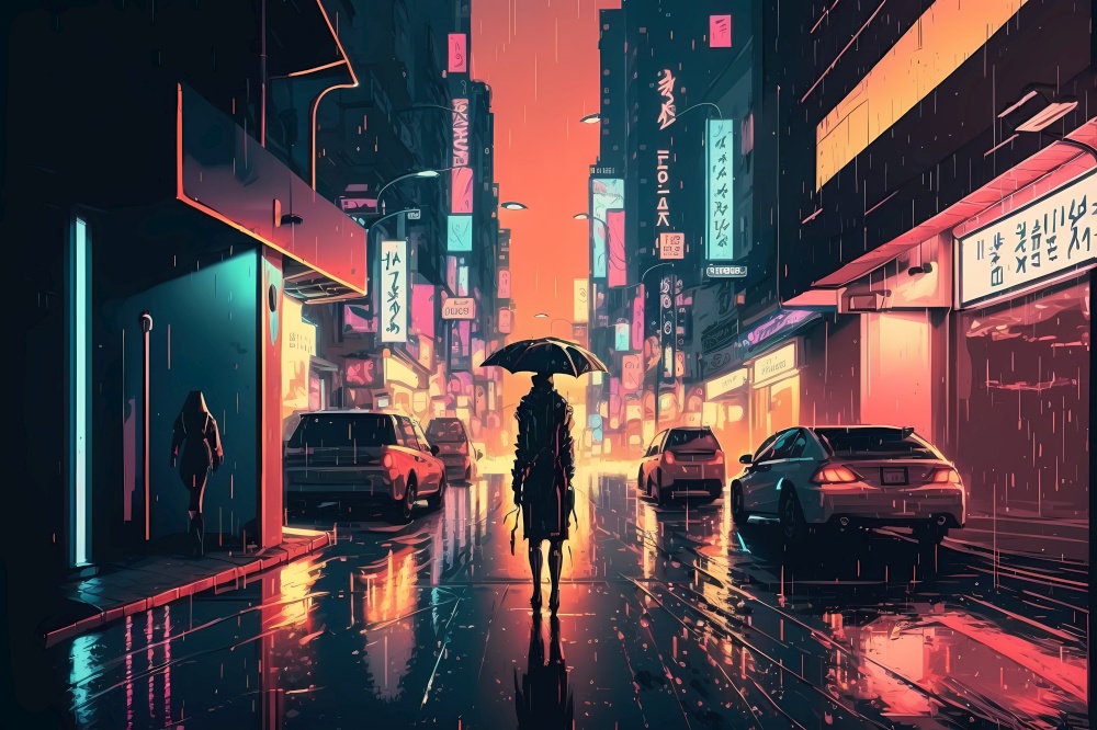 Night city alleyway cyberpunk illustration. Neon lights in the night city, silhouette of a man with umbrella in the rain, modern metropolis in the future. AI generated illustration. Night city alleyway cyberpunk. AI generated illustration