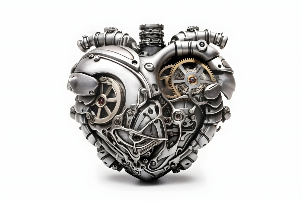Steel heart with gears and mechanisms. Cyborg heart, robotics and cybernetics, android heart. Sci-fi conceptual illustration. AI generated illustration. Steel heart with gears. AI generated illustration