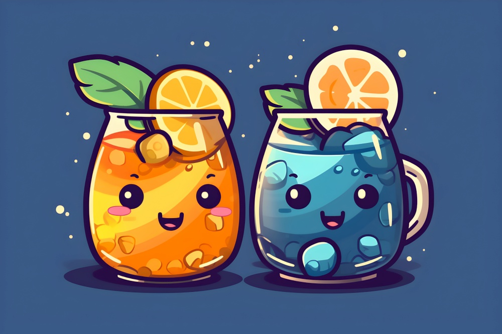 Non alcoholic cold summer cocktail drinks and lemonades in different glasses. Bright fruity fancy mocktails Japanese Chibi style illustration in bright colors. AI Generative content