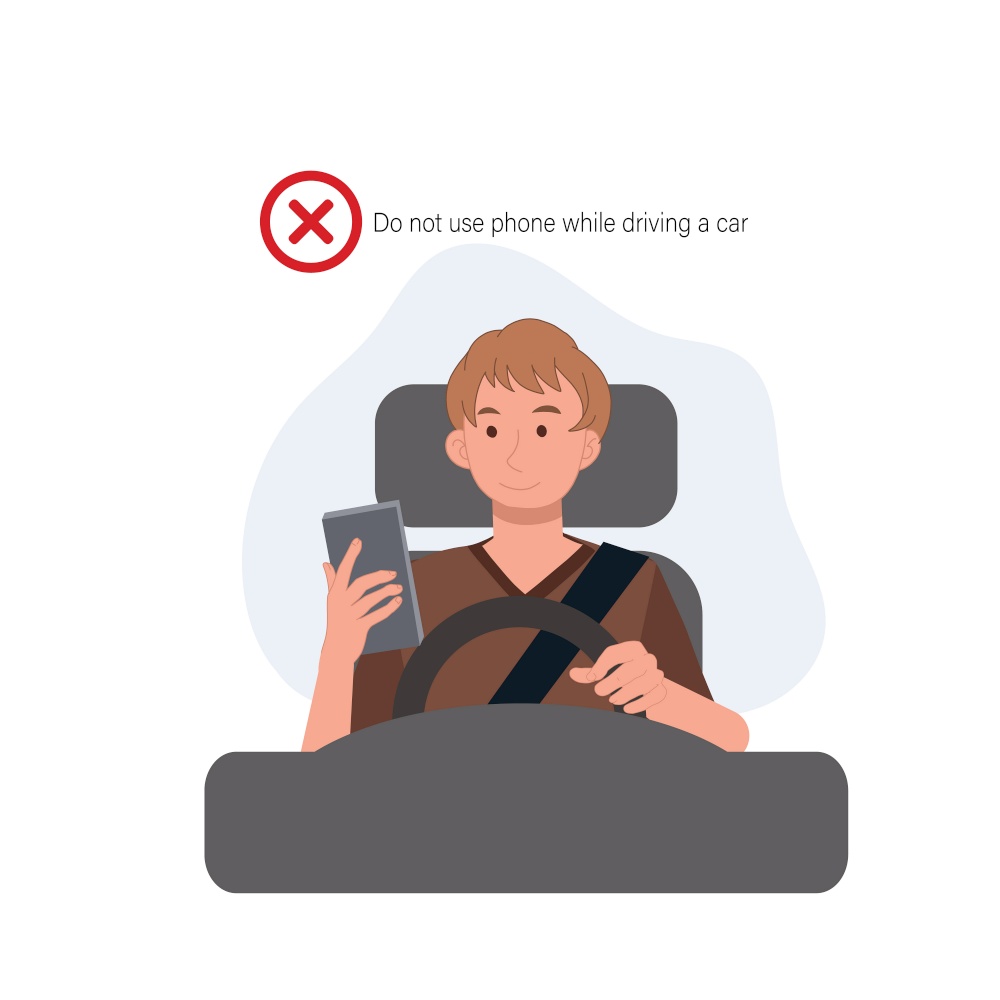 Safety driving rules concept. Phone while driving. Do not use mobile. A man is using the phone while driving a car. Flat vector cartoon illustration