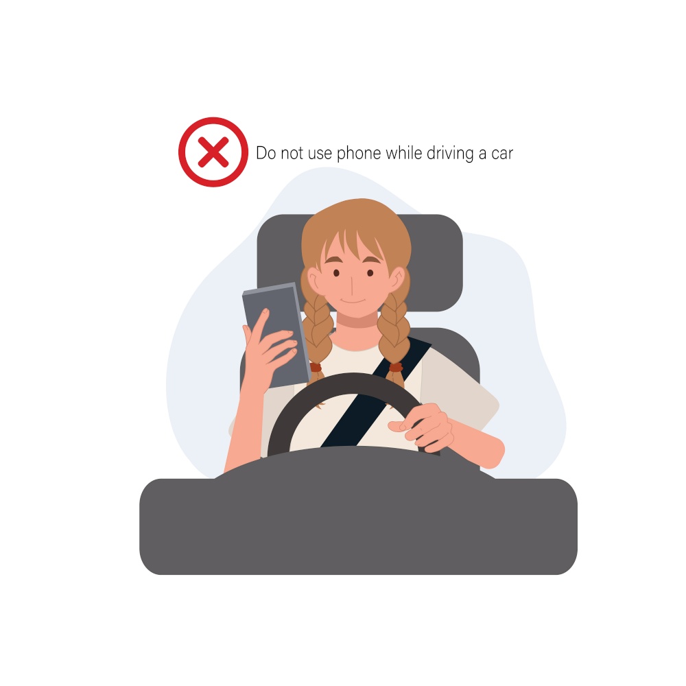Safety driving rules concept. Phone while driving. Do not use mobile. A woman is using the phone while driving a car. Flat vector cartoon illustration