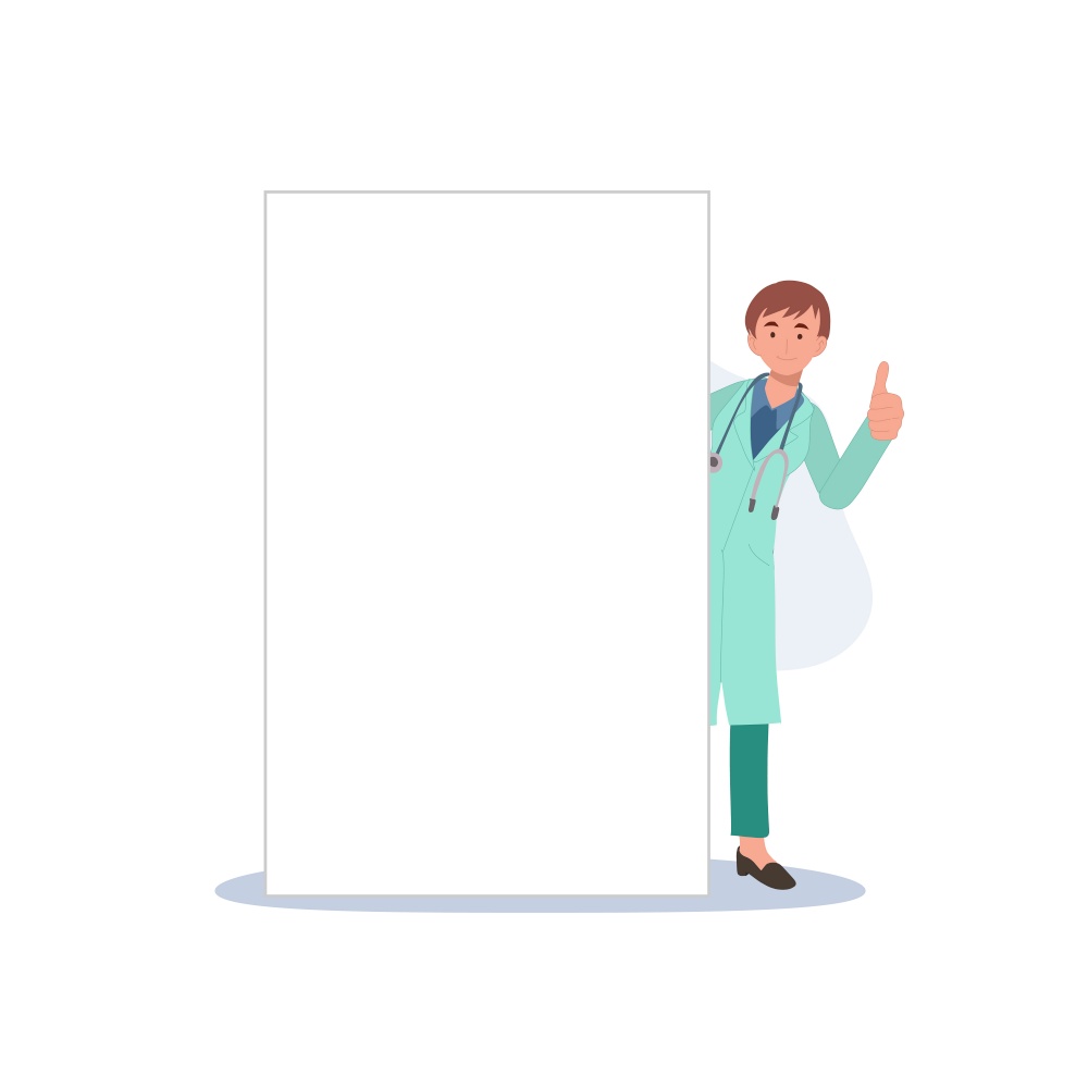 The female doctor is behind the blank board and show hand with thumb up. Flat vector cartoon character illustration