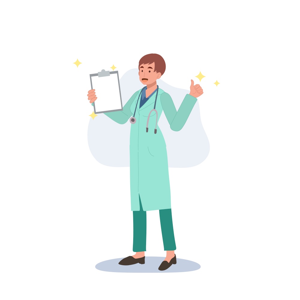 Female Doctor showing Good Medical Report with thumb ups. Flat vector cartoon character illustration