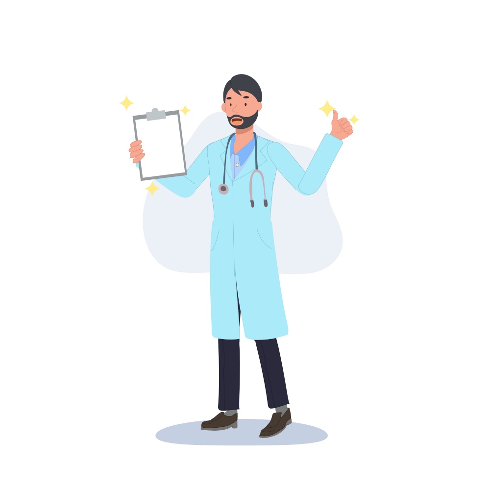 Male Doctor showing Good Medical Report with thumb ups. Flat vector cartoon character illustration
