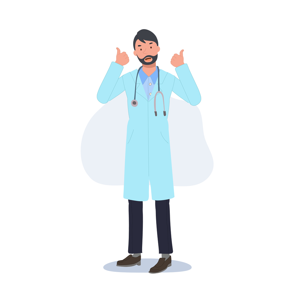 Happy Smiling male doctor with stethoscope showing thumbs up both hands. Falt Vector cartoon illustration