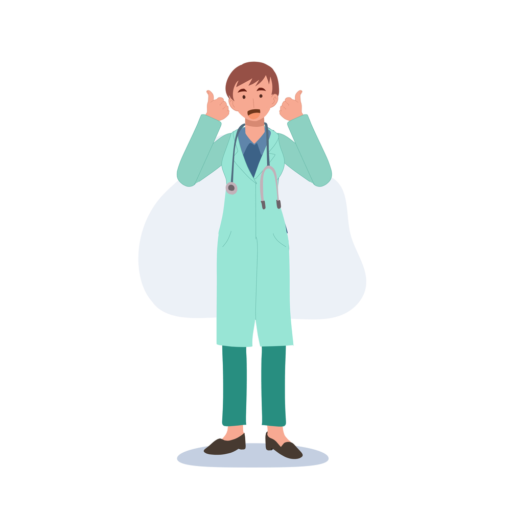 Happy Smiling female doctor with stethoscope showing thumbs up both hands. Falt Vector cartoon illustration