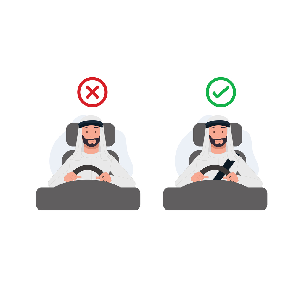 Do&rsquo;s and dont&rsquo;s. Safety driving rules concept, Wear seatbelts while driving. Arab man is driving a car. Flat vector cartoon illustration