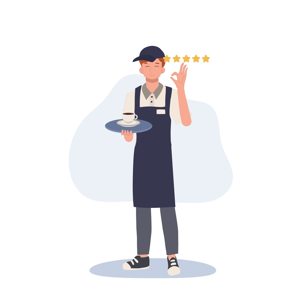 good service concept. man waier holding cup of coffee and showing ok sign gesture with 5 stars rate. Flat vector cartoon character illustration