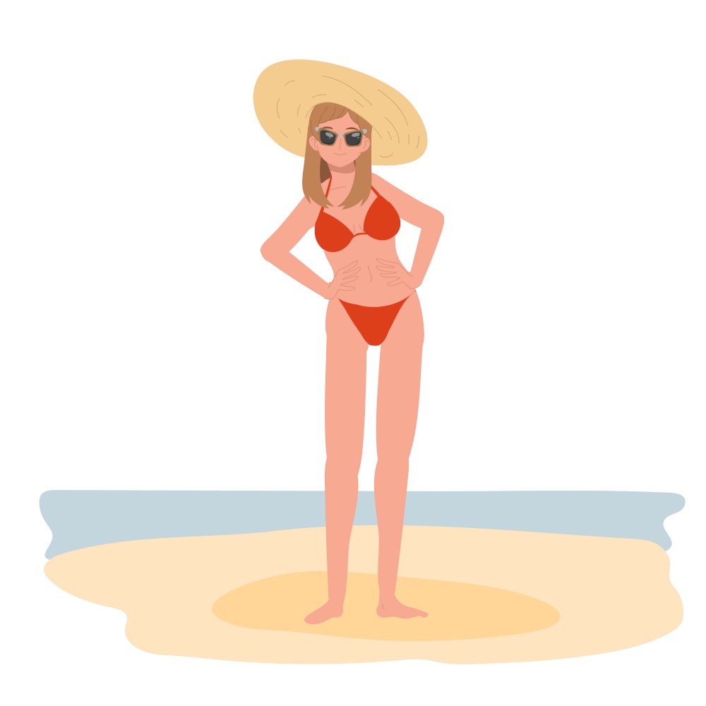 summer beach vacation theme. Happy girl in bikini and sunglasses on the beach.Flat Vector illustration