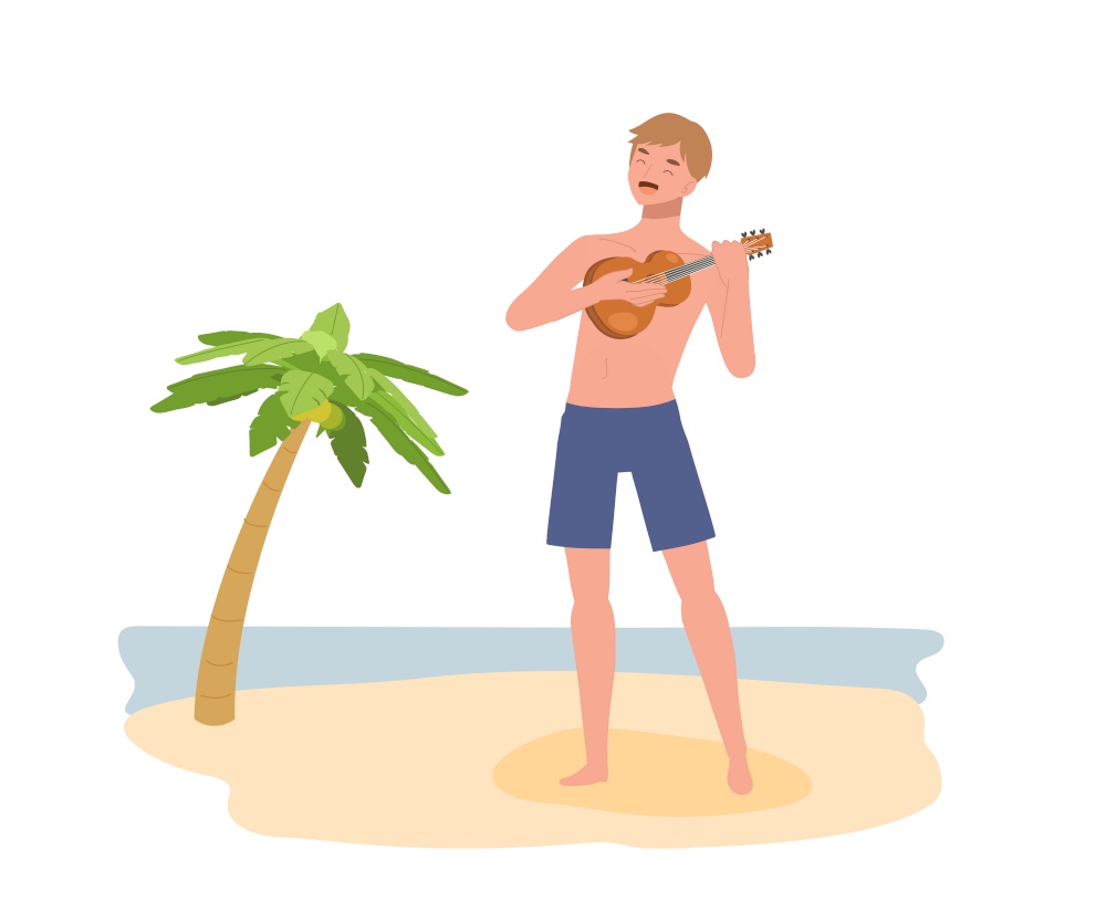 Happy man on the beach playing ukulele and singing. Flat vector illustration.