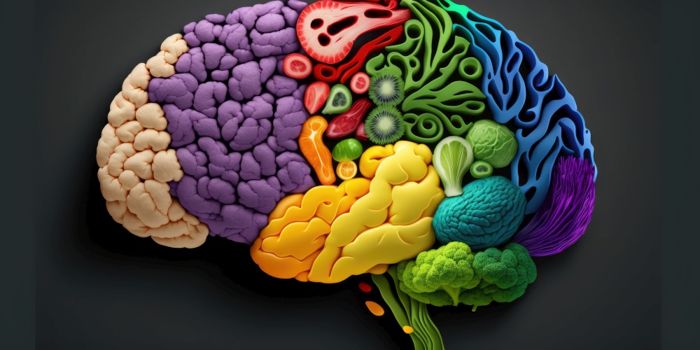 Human brain made of variety of vegetables in concept of healthy food for health care. distinct generative AI image.. Human brain made of variety of vegetables in concept of healthy food for health care