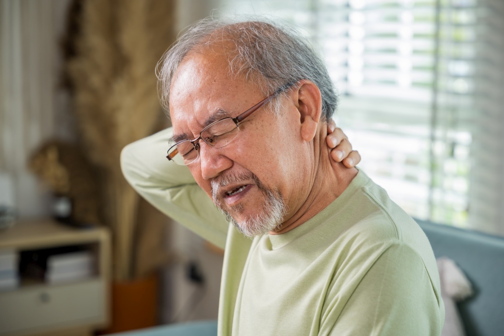 Old man suffering from nape neck pain at home, Elderly acute neckaches, Sad senior man neckache hand holding neck, Old age retirement health problems unhealthy diseased, shoulder pain