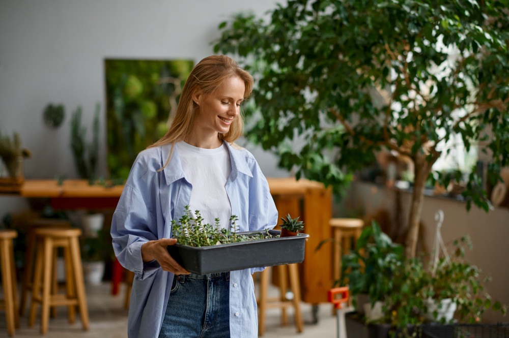 Young female florist worker enjoying her job. Portrait of smiling woman walking with plants in plastic box. Floristic workshop concept. Young female florist worker enjoying her job