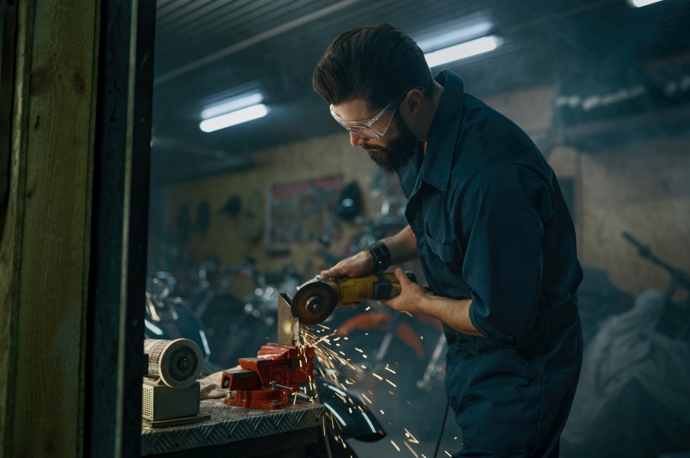 Repairman cutting iron with electric circular saw in motorcycle workshop. Technician servicing motorbike and using metal cutter machine to fit spare part. Repairman cutting iron with electric circular saw in motorcycle workshop