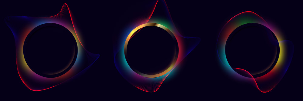 Set of circle frame with neon glowing multicolor wavy dynamic lines round illuminate and whirl lighting effect on black background. Vector illustration