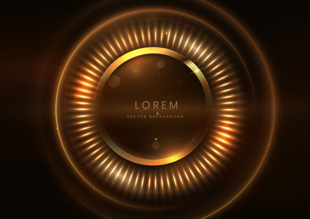 3D gold circle on dark brown background with lighting effect and space for text. Luxury design style. Vector illustration