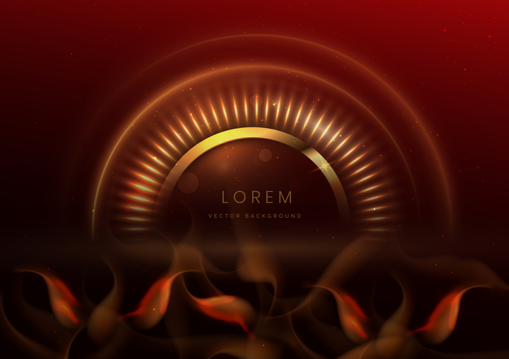 3D gold circle on dark red background with lighting effect and space for text. Luxury design style. Vector illustration