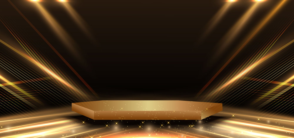 Abstract elegant gold diagonal glowing with 3d hexagon pedestal podium  lighting effect sparkle on black background. Template premium award design. Vector illustration