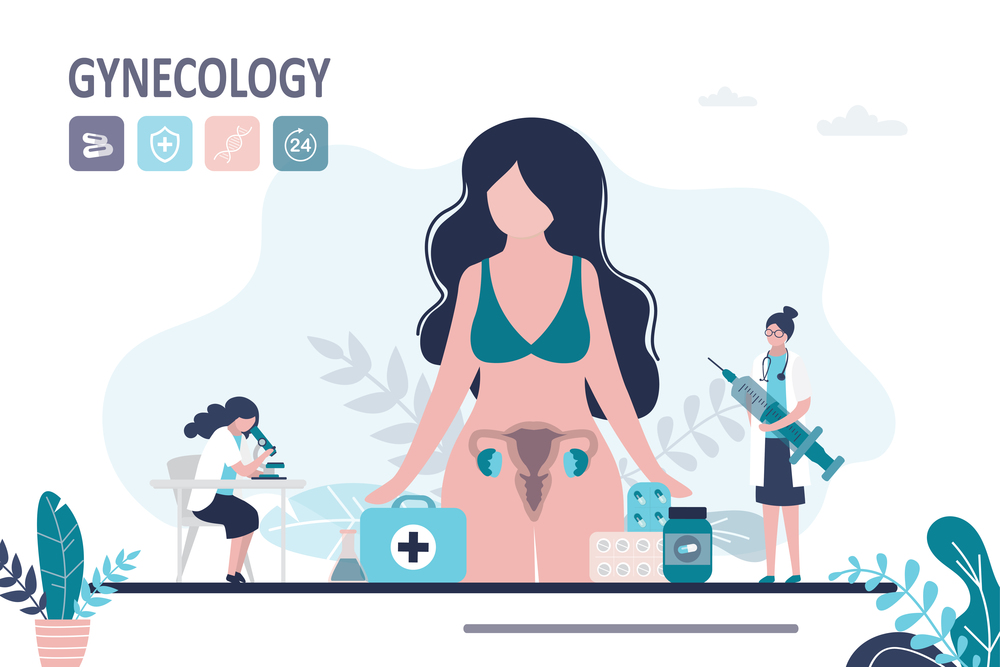 Medical team examines female reproductive system. Gynecologist examine woman genitals for diseases. Concept of women&rsquo;s health, treatment and gynecology. Banner in trendy style.Flat vector illustration