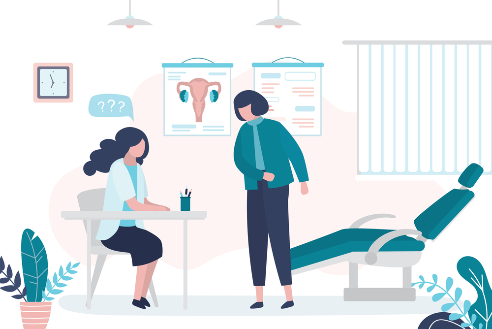 Female character at reception at gynecologist. Annual gynecological examination for women. Concept of medical treatment and gynecology. Examination room interior. Trendy flat vector illustration